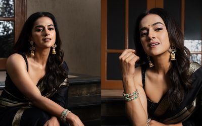 Shraddha Srinath in sleeveless saree at SIIMA Awards photoshoot